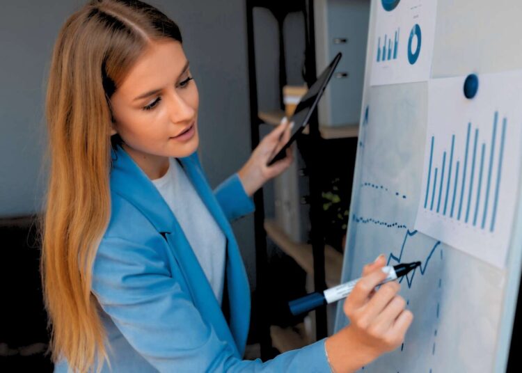 Mulher de terno azul escrevendo em uma lousa branca com alguns gráficos.