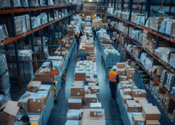 Estoque de uma grande empresa. Há muitas prateleiras e caixas de papelão.