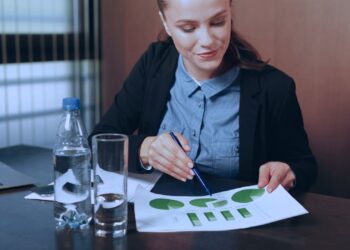 Profissional analisando gráficos de lucro bruto em um ambiente de escritório, com foco em relatórios financeiros e planejamento estratégico.