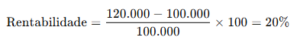 Exemplo de cálculo de rentabilidade: (120.000 - 100.000) / 100.000 × 100 = 20%, demonstrando um aumento de 20% no valor inicial.