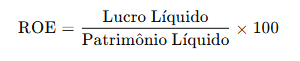 Fórmula do ROE (Return on Equity): Lucro Líquido dividido pelo Patrimônio Líquido, multiplicado por 100, representando a rentabilidade do patrimônio.