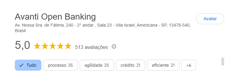Interface do Google com a ficha da empresa Avanti Open Banking, exibindo nota máxima de 5,0 estrelas com base em 513 avaliações, além de palavras-chave destacadas como “processo”, “agilidade”, “crédito” e “eficiente”
